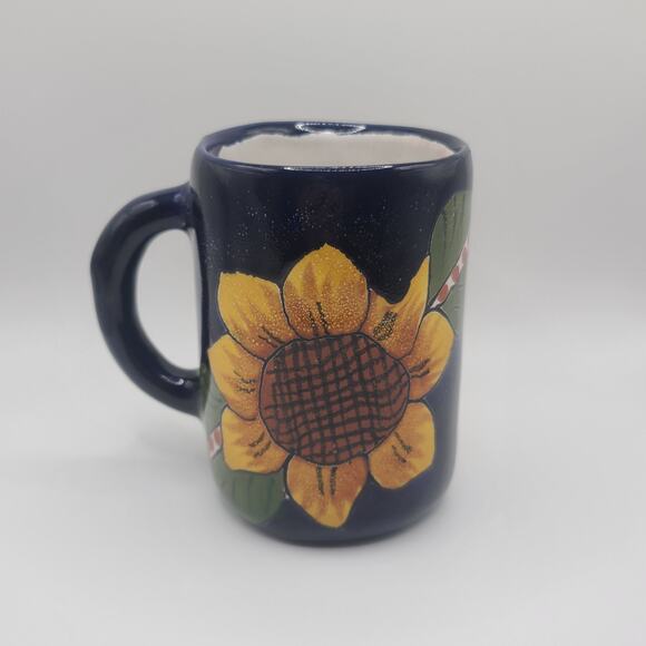 Talavera Mexican Folk Art Pottery Large Mug Blue Yellow Sunflowers - Picture 1 of 6